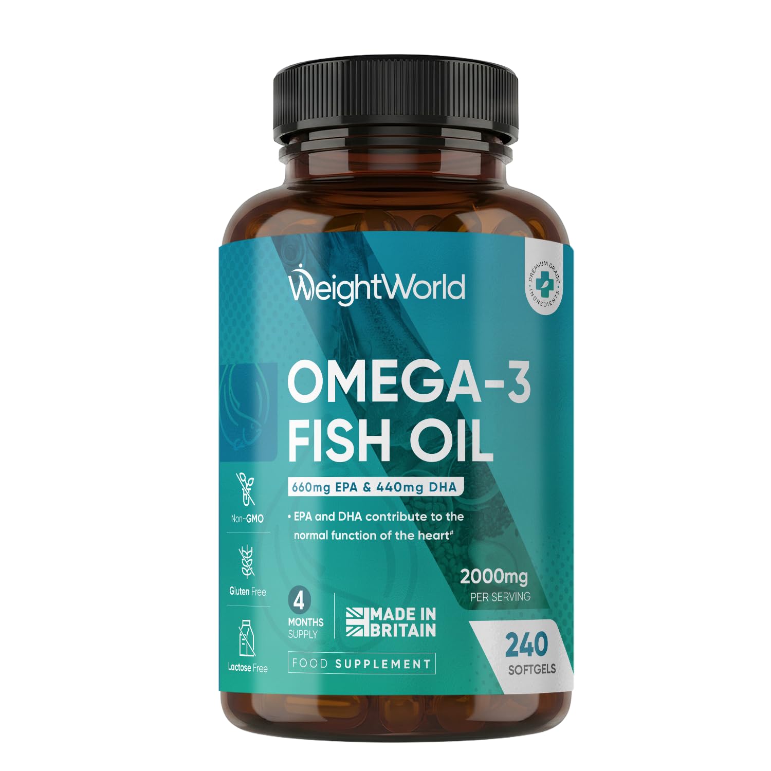 Omega 3 Fish Oil 2000mg - 240 Softgels (4 Months Supply) - 660mg EPA & 440mg DHA - Omega 3 Fatty Acids Supplements - Fish Oil Capsules - Made in The UK - Gluten-Free & Lactose-Free Capsules