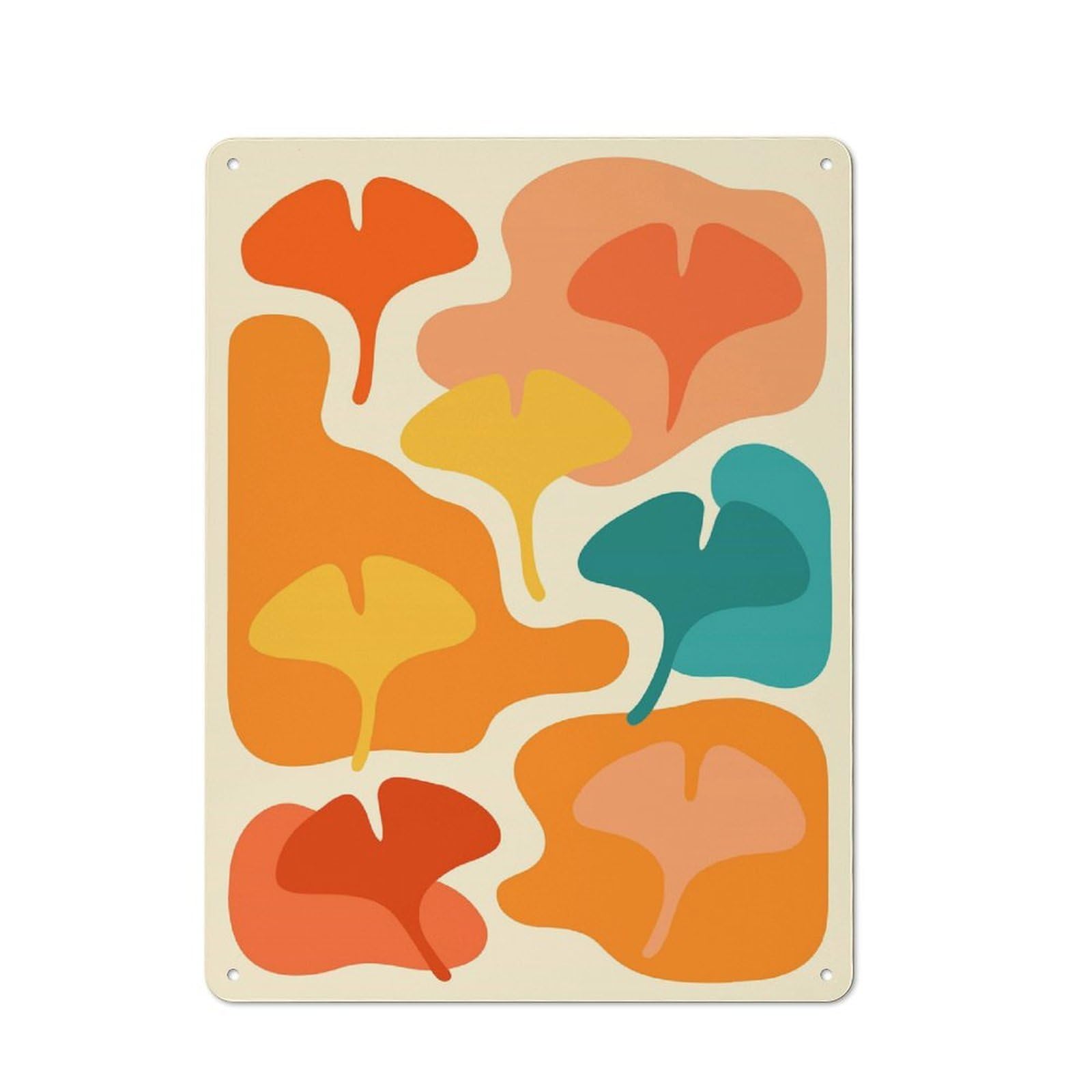 Junmoney Style-11 Decorative Tin Plaque With Abstract Ginkgo Leaves Pattern Design 40X30cm, Nostalgic Home Bar Decor For Bar, Kitchen, Garage Or Games Room