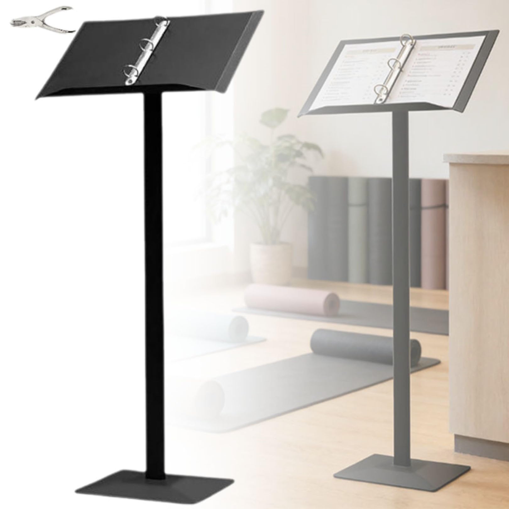 Atril independiente negro, robusto podio de base de hierro para altavoces.Soporte de exhibición de menú de acrílico versátil con carpeta de flip extraíble.Ideal para restaurantes, conferencias, evento