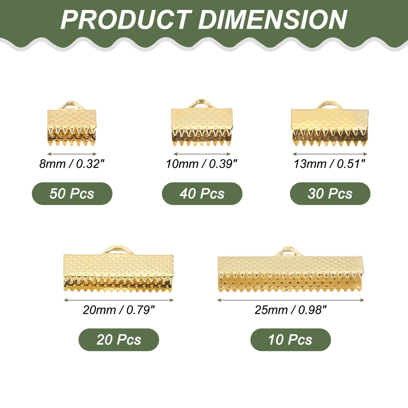 PATIKIL 8mm/10mm/13mm/20mm/25mm Ribbon Ends Crimp Clamp 150pcs Pinch Crimp End Bracelet Bookmark Cord Ends Fasteners Clasp for Leather DIY Craft Jewelry Making Deep Gold - Image 2