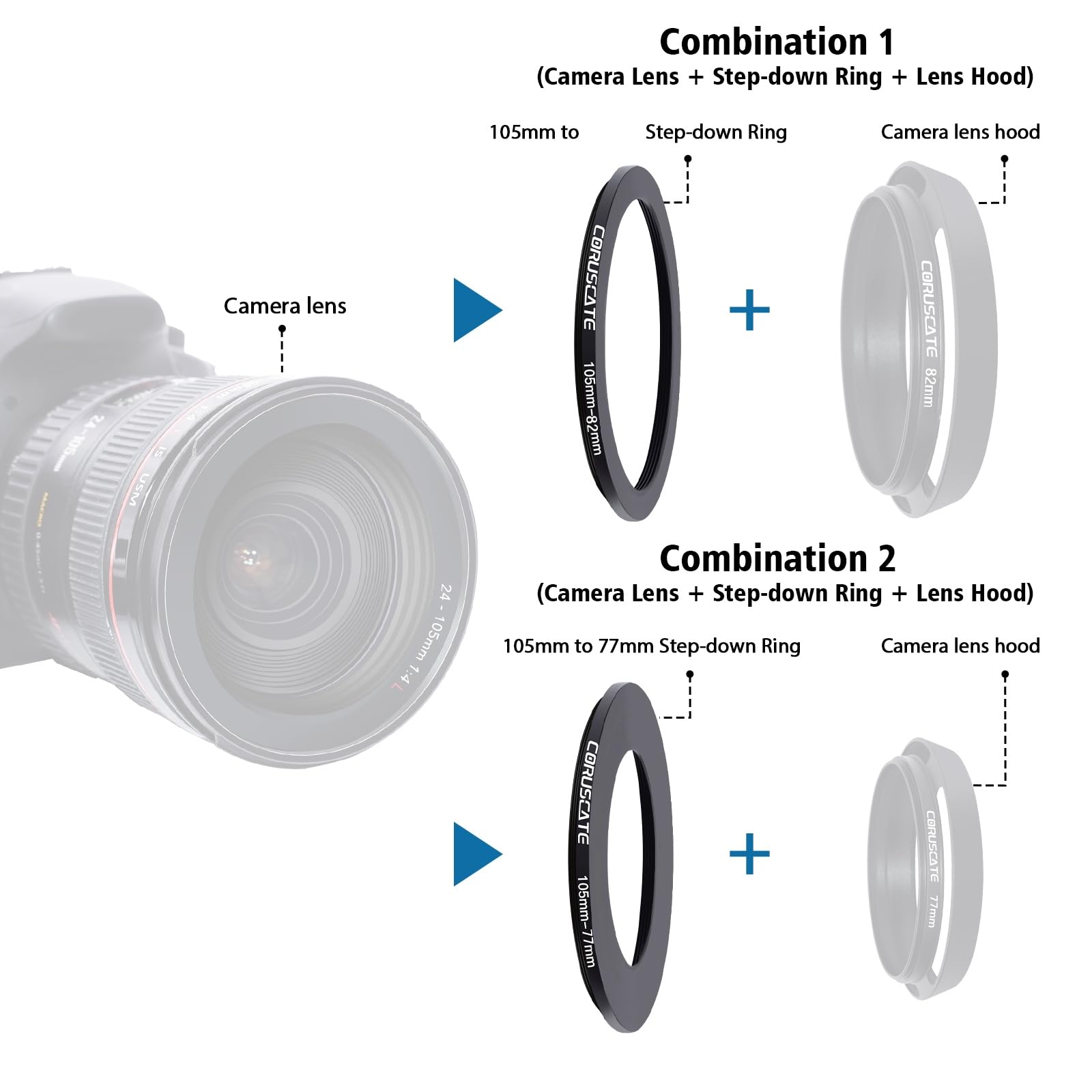 Set di 3 anelli filtranti da 105mm,Lo scopo è aumentare o diminuire il diametro della lente,Step-down Ring 105mm-95mm,105mm-82mm,105mm-77mm + panno per la pulizia dell'obiettivo