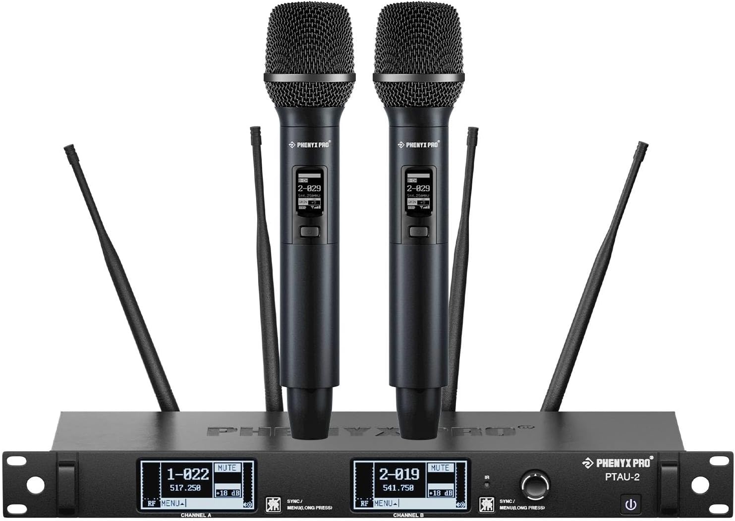 Dual-Channel Wireless Microphone System, Dynamic Mics w/ID Lock, Tunable Power Level, Auto Scan, Spectrum Analyzer, True Diversity Cordless Handheld for Singing, DJ, Karaoke (PTAU-2)