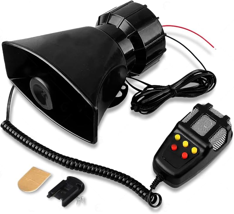 Zone Tech Sirena de auto con sonido de 5 tonos, bocina de vehículo con micrófono, sistema de parlantes PA, amplificador de sonido de emergencia, ambulancia eléctrica, bocina, sirena, sonido de tráfico con sistema de micrófono PA
