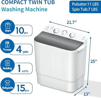 Sportpulse Mini Twin Tub 18lbs Portable Washing Machine with Drying Rack