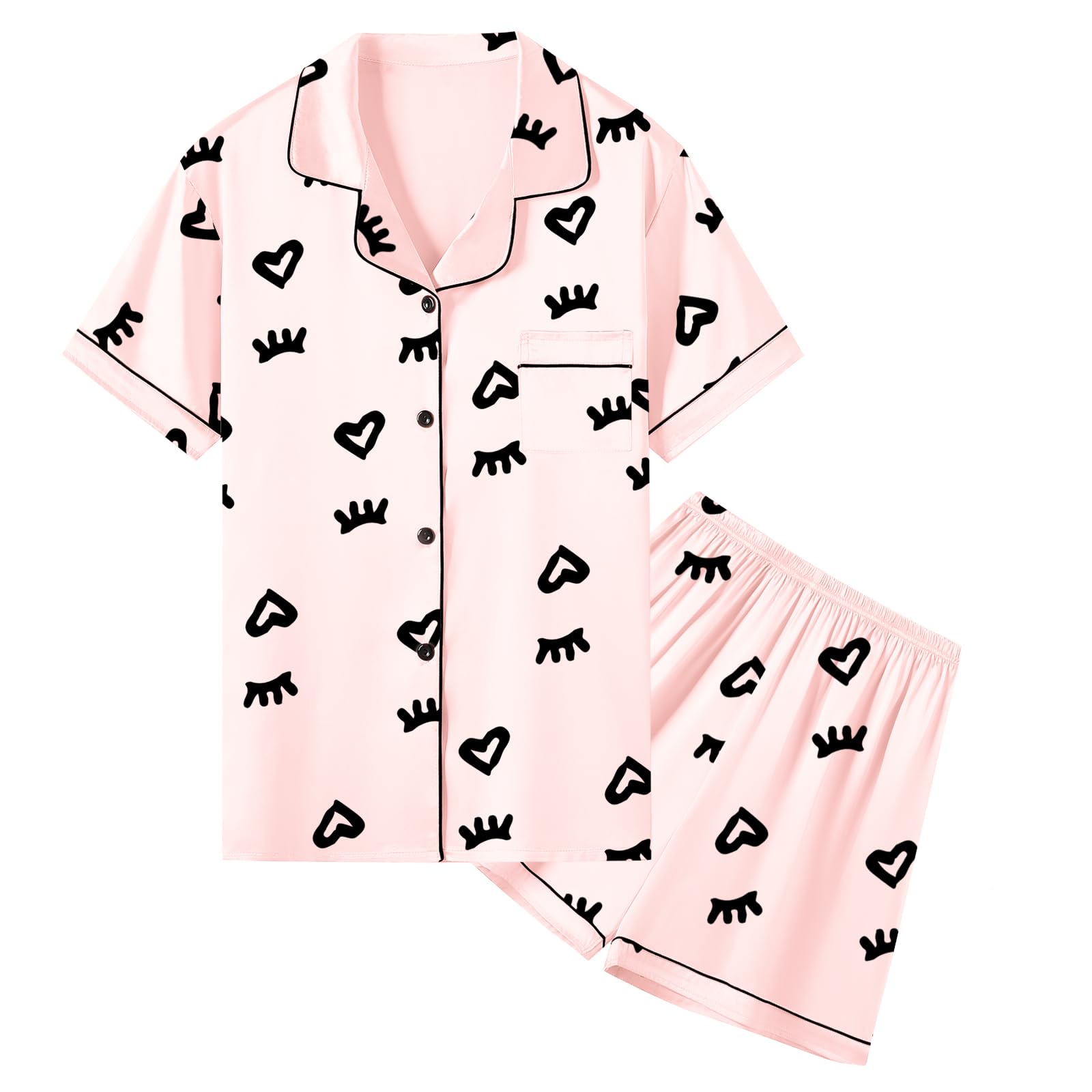 Umeyda Women & Girls Pajamas Set, 2 Piece PJS Satin Silk Sleepwear Button-Down Top with Shorts for Mom Kids Gifts Baby Pink Eyes X-Small