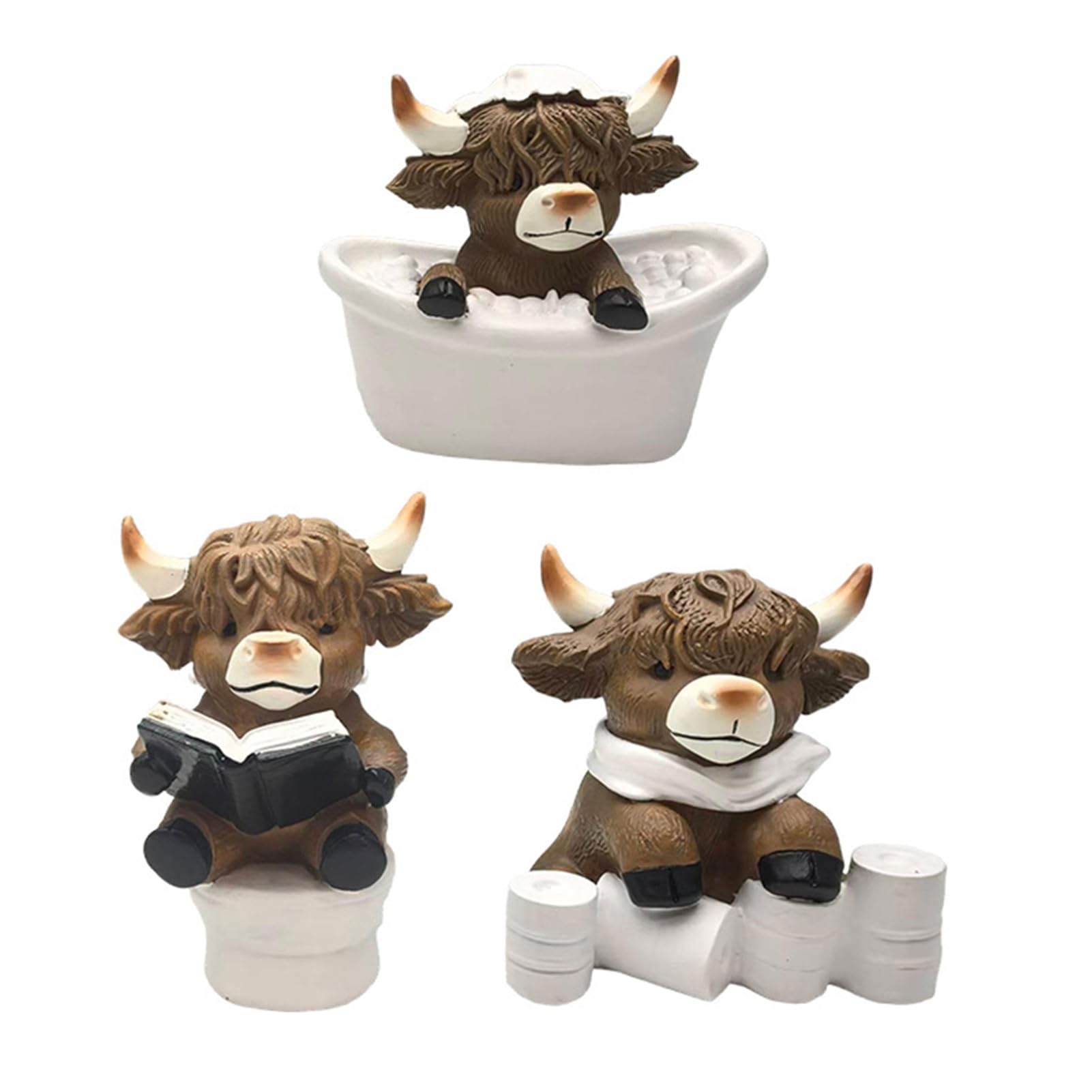 Glifora 3Pcs Bathroom Highland Cow Figurine - Bathing, Reading Book and Toilet Paper Highland Cattle Resin Statue Sculpture Decoration, Ornament Calf Lovers Gifts
