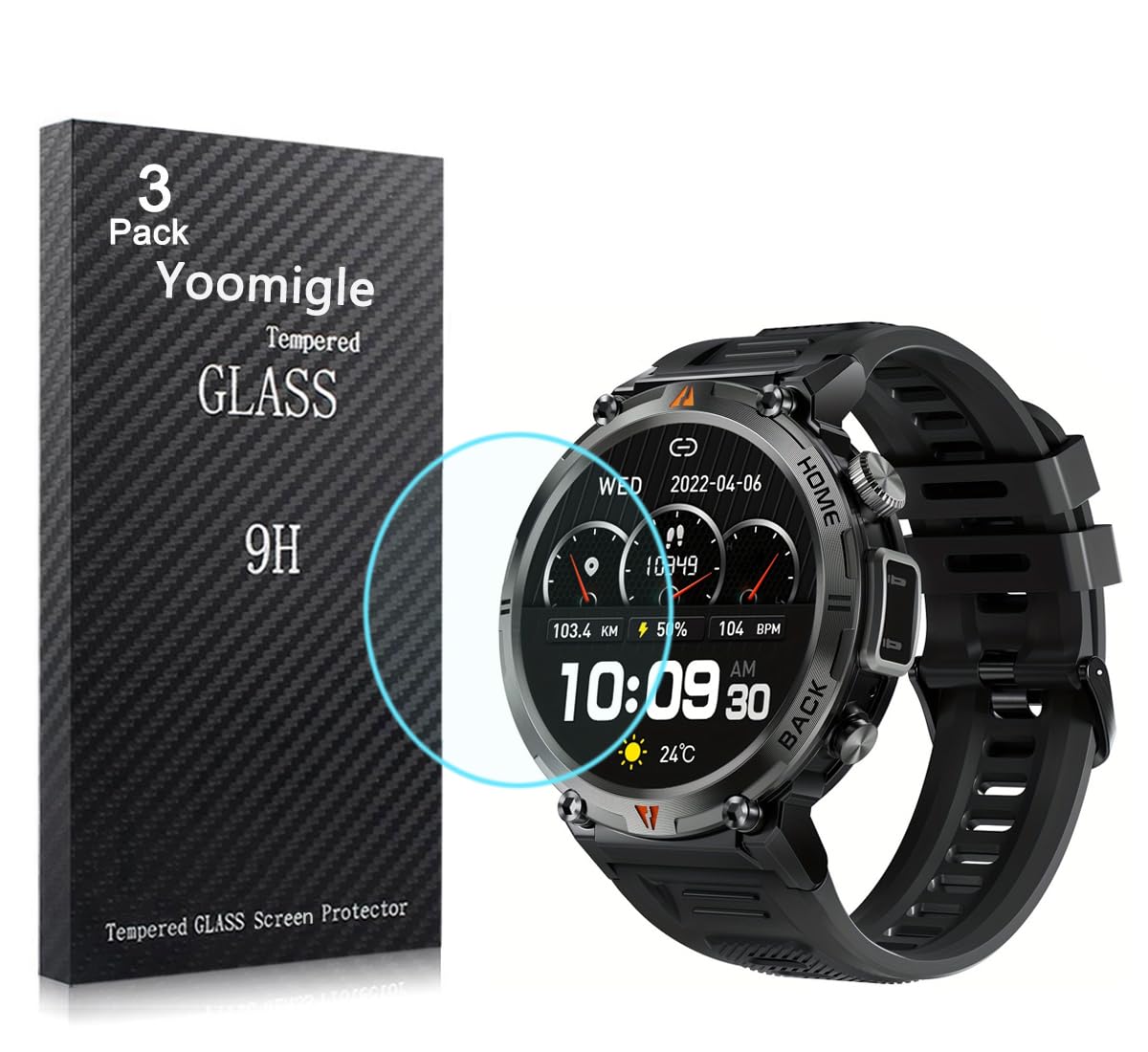 Yoomigle3 Pack Compatible with IFMDA S100 Smart Watch 1.45 inch Screen Protector Tempered Glass for S100 1.45'' Smartwatch Screen Protectors Foils Glass 9H 0.3MM Anti-Scratch Anti-Fingerprint