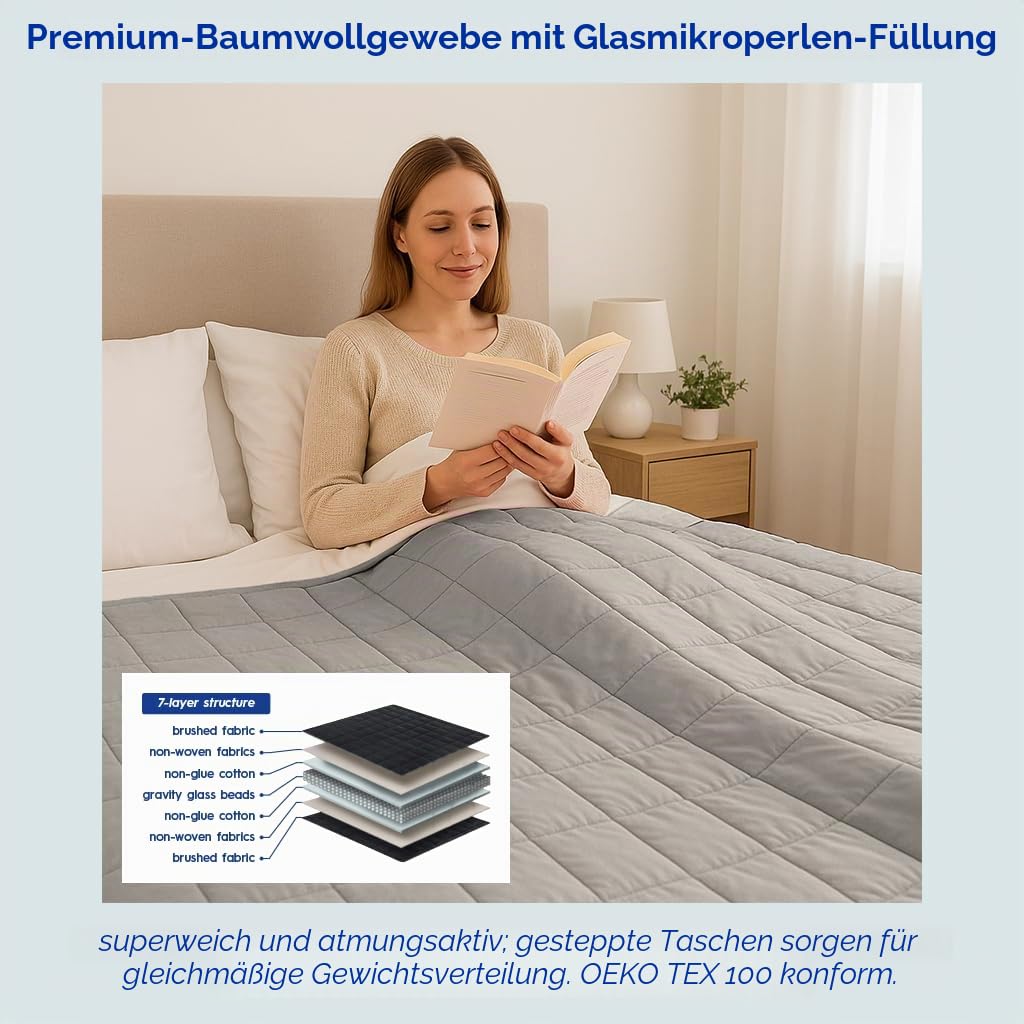 Harbour Housewares Gewichtsdecke mit Aufbewahrungstasche - 150 x 200cm - 8kg - Grau - 1x Schwer Erwachsene Baumwolle Bett Abdeckung Werfen mit Glasperlen | Hochwertige 7-Lagen-Konstruktion | Angst