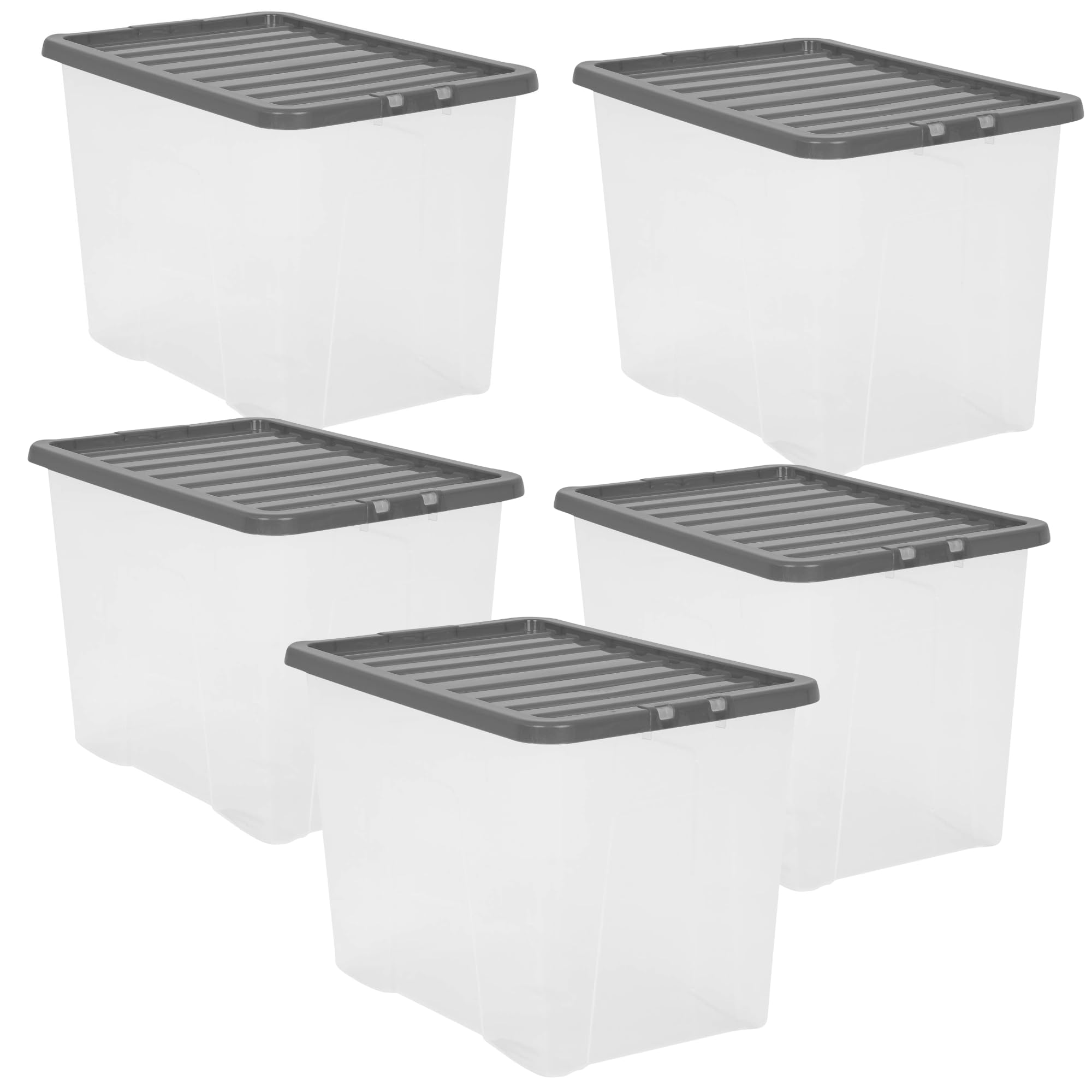 Easy Shopping® 5 x Extra Large 80L 80 Litres Clear Plastic Storage Box with Black Lid, Strong Stackable Storage Container Box Home, Office, Kitchen, Made In U.K. (5)