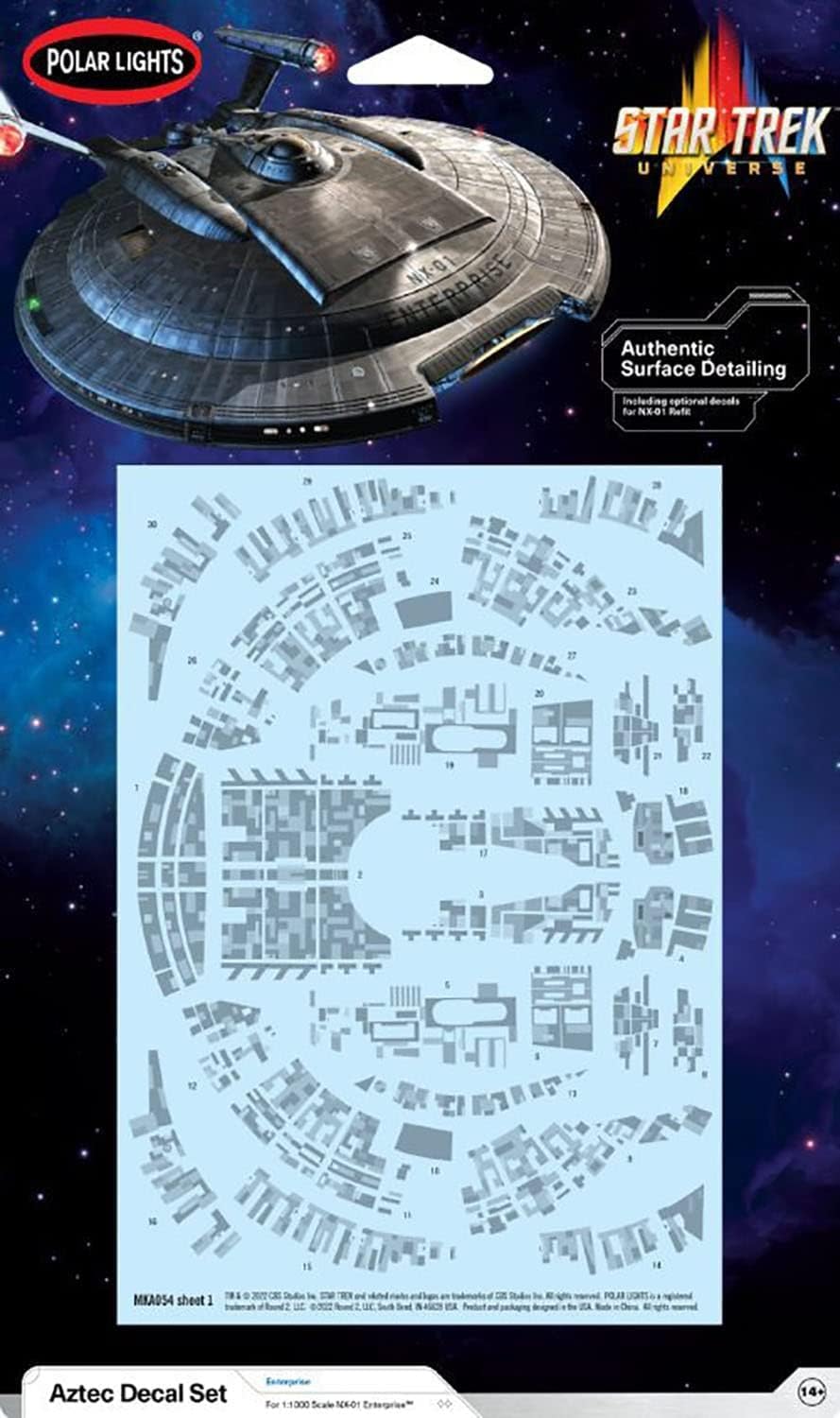 "Star Trek Universe" Aztec Decal Pack for NX-01 Enterprise Ship in 1/1000 Scale by Polar Lights MKA054M