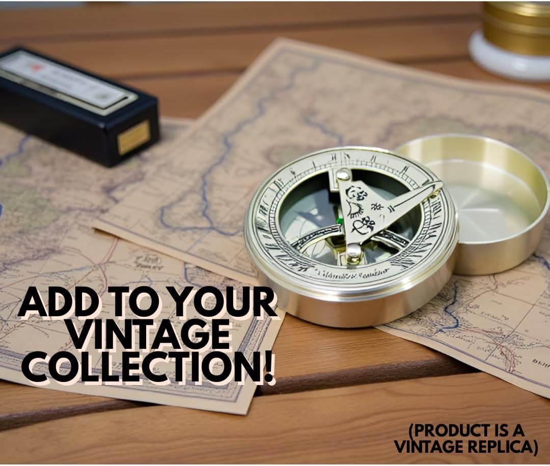 KHUKRIWALA - Antique Brass Made Nautical & Vintage Compass with Pocket Sundial – Classic Pirate Compass and Thoughtful Gift for Sailors, Collectors, and Nautical Enthusiasts, Includes Portable Sundial