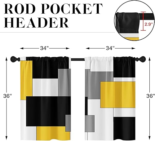 Vista 9 de Cortinas geométricas de cocina negras y grises de 63 pulgadas de largo, juego de 2, cortinas grises y blancas para dormitorio, sala de estar, Gris
