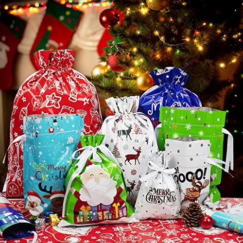 Sac Cadeau Noel, Lot de 30 Sacs Cadeaux de Noël Toutes Tailles, Grands Sachet Noel avec Cordons de Serrage, pour la Fête de Noël, Emballage de Cadeaux et Décorations de Vacances. - Image 3