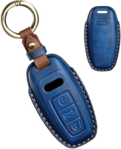HIBEYO Leather Key Fob Cover For Audi A6 A8 Q7 S6 A7 S7 E-Tron RS6 RS7 Q8 SQ8 SQ7 Accessories with Keychains 3 Button Car Key Case Cover