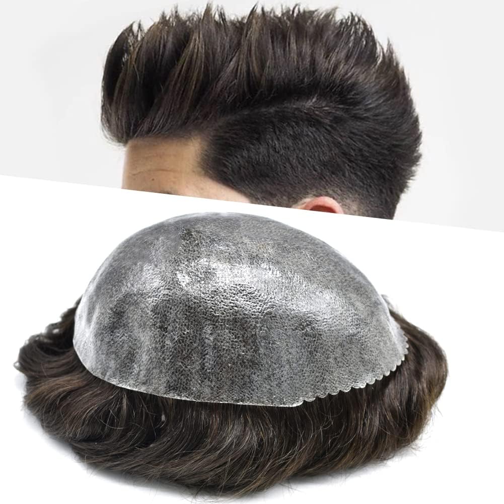 LOVIN HAIR Toupee For Men Human Hair Piece Replacement Systems Full Injected Pu Mens Toupee Hairpieces Durable Thin Skin Pu Hair System for men 8"x10" #2 Darkest Brown-130% Medium Density