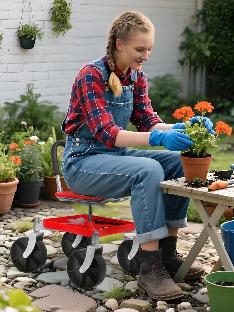 Gardening Seat, Height Adjustable Rollings Garden Cart, 360 Degree Swivel Gardening Stool with Tool Tray, Rolling Work Seat for Gardeners Elderly Seniors Blue