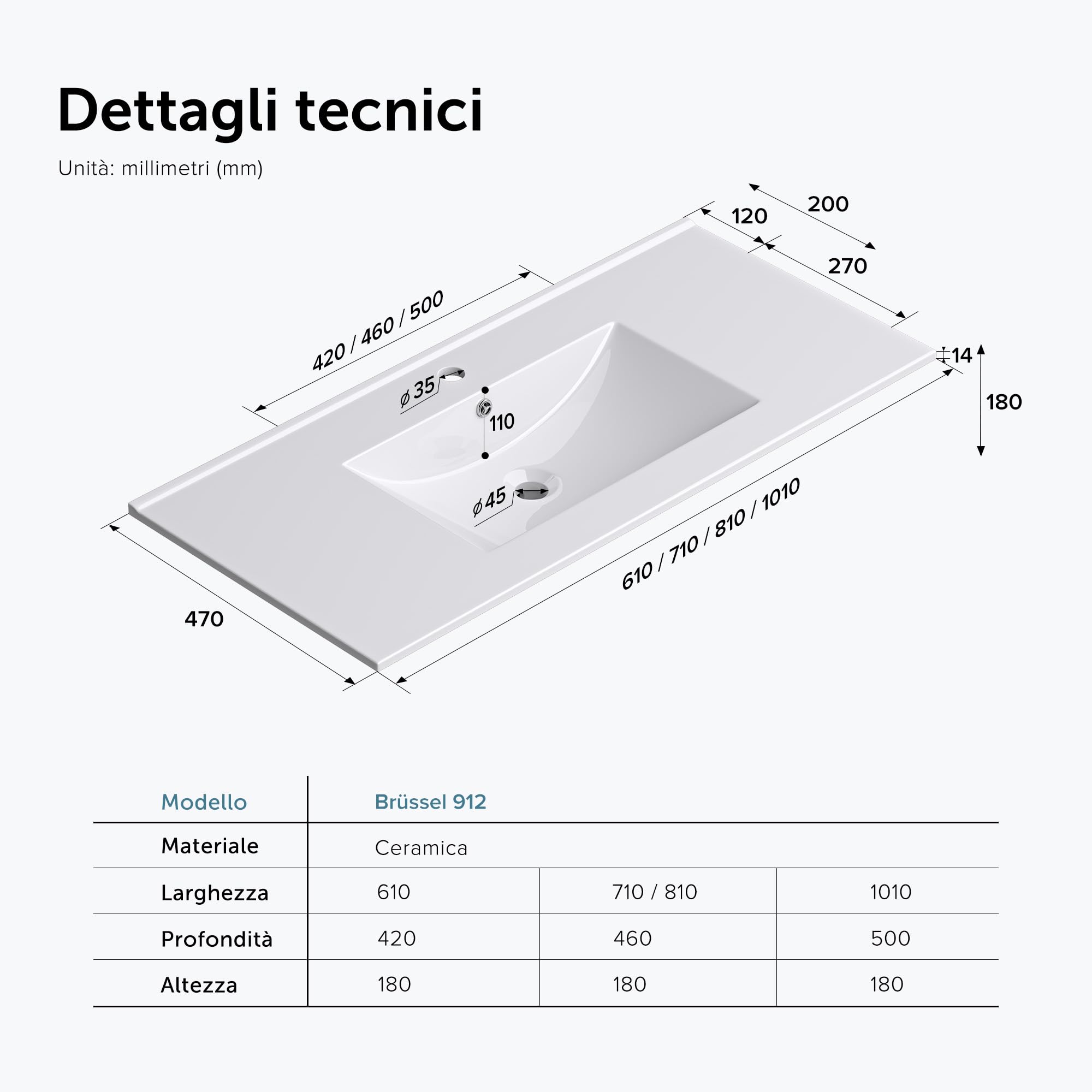 doporro Lavabo da Incasso Rettangolare 80 cm in Ceramica Bianco Lucido, Lavandino Integrato con Foro Rubinetto, Installazione su Mensola o Mobile Bagno Brüssel912