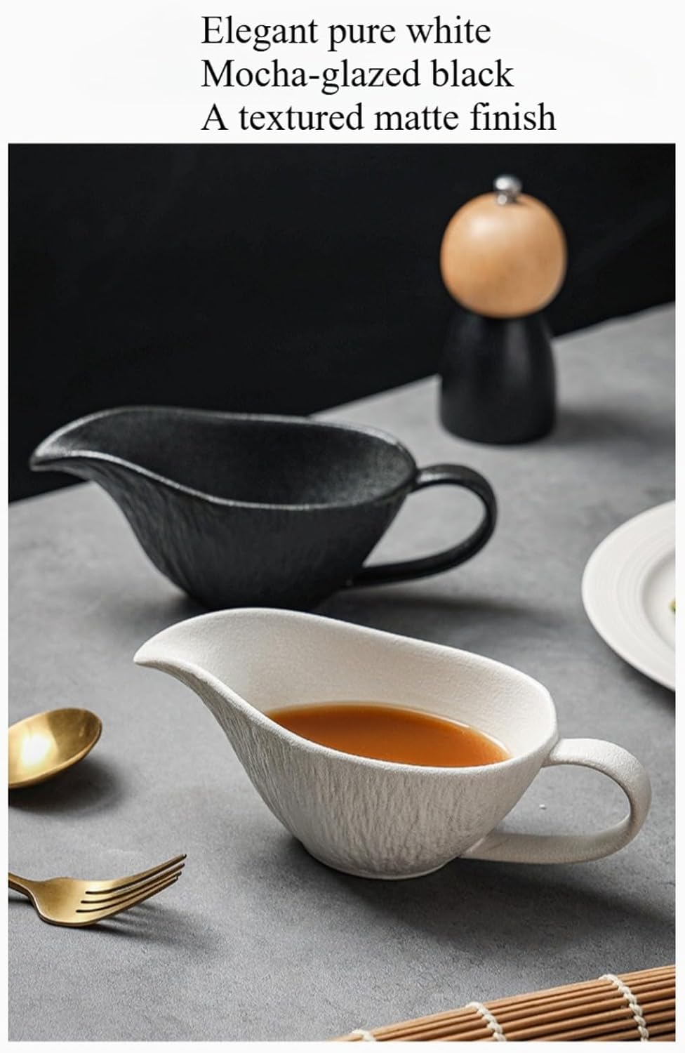 Frosted Ceramic 10oz/300ml Gravy Boat Sauce Bowl for Sauce, Cream, and Milk with Large Pourer and Fewer Drips (Black)