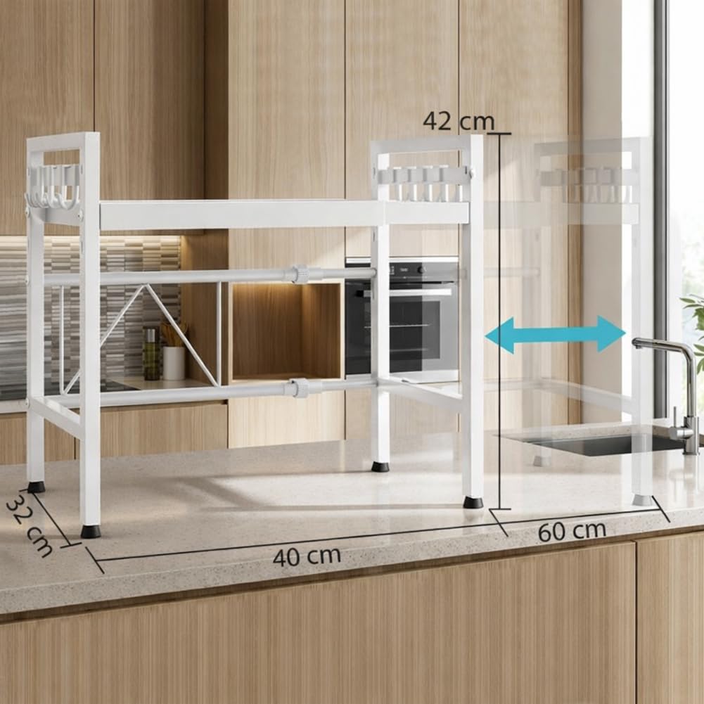 Shally Dogan Mensola Salvaspazio Porta Microonde in Acciaio Allungabile, Scaffale da Cucina con Ripiano Portaspezie, Mobile Estensibile con Ganci e Piedini Antiscivolo, Design Moderno (Bianco)