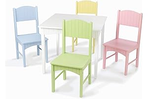 Nantucket Kid's Wooden Table & 4 Chairs Set with Wainscoting Detail, Pastel