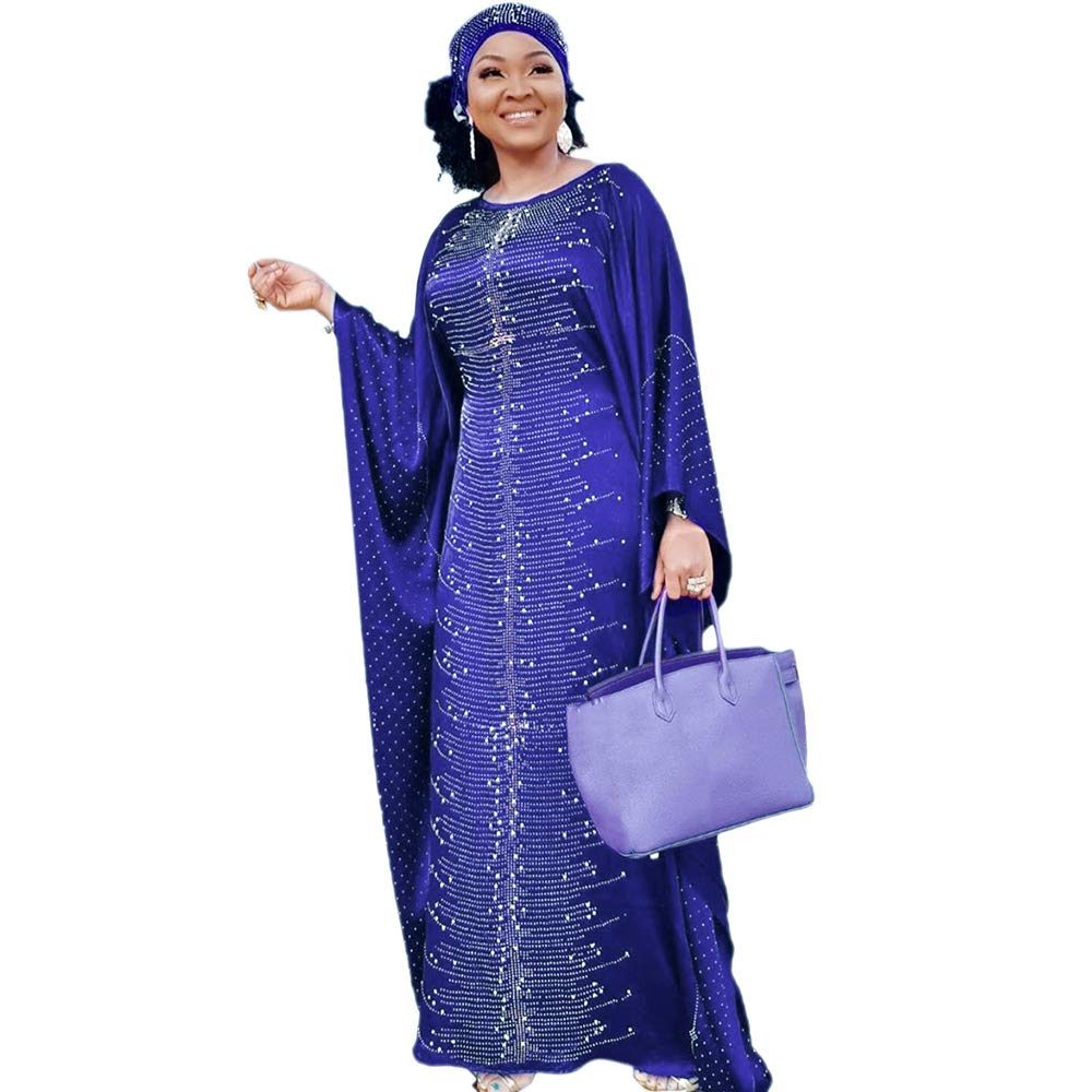 HD African Dress for Women Beading Rhinestone Kaftan Maxi Dress Royal Blue One Size Fit All
