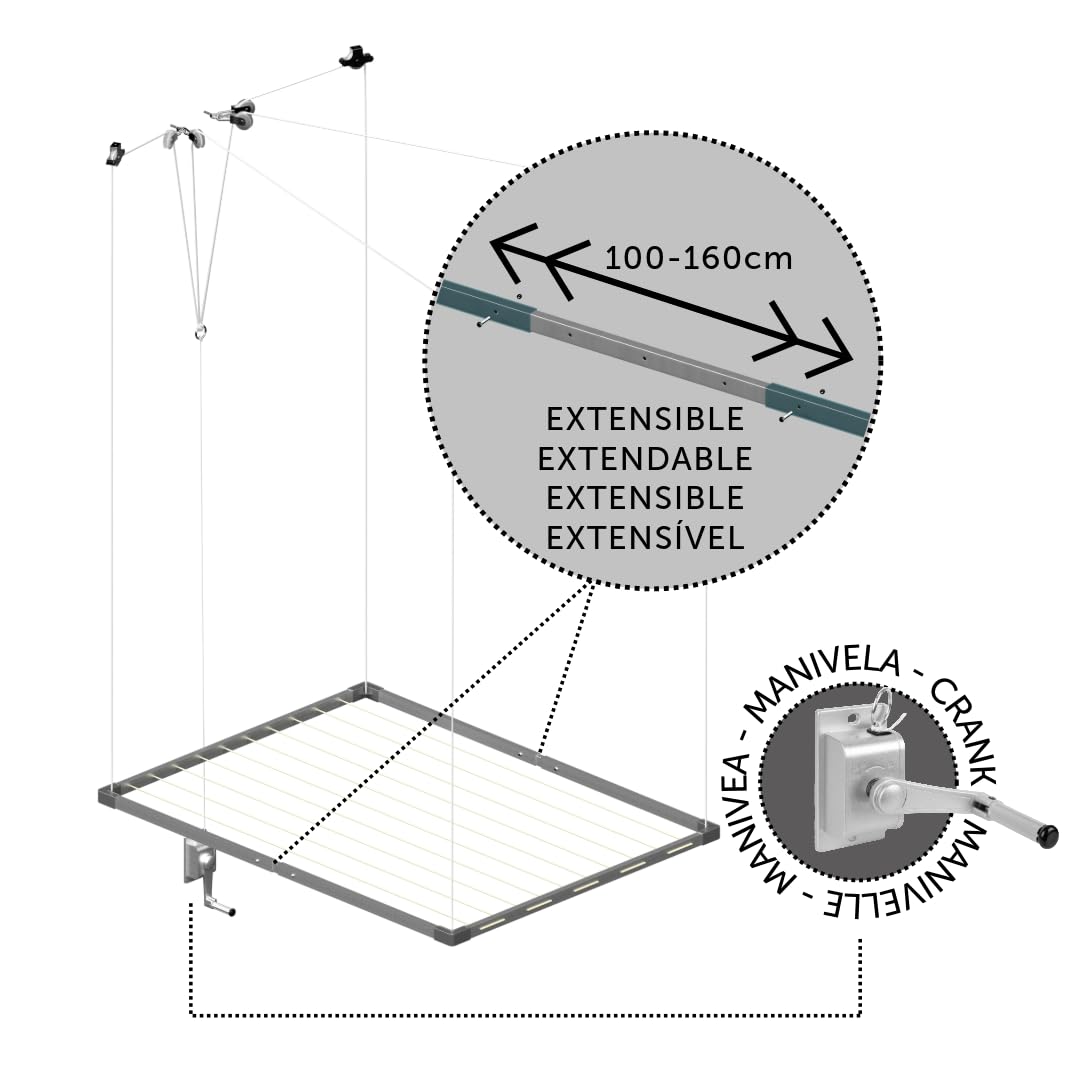Cuncial - Tendedero de Techo Extensible I Tezno Techo Manivela | Fabricado en Aluminio anodizado | Ahorra Espacio | Gran Capacidad de tendido | Sistema Sube y Baja