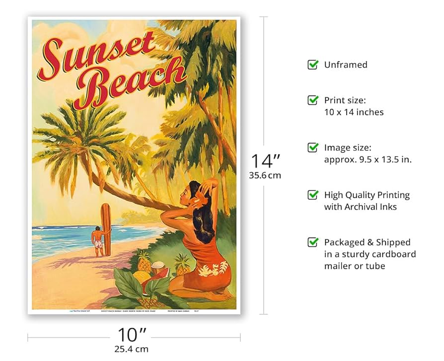 HAWAII ヴィンテージポスター Amazon.com: Sunset Beach Hawaii - Oahu North Shore - Surfer