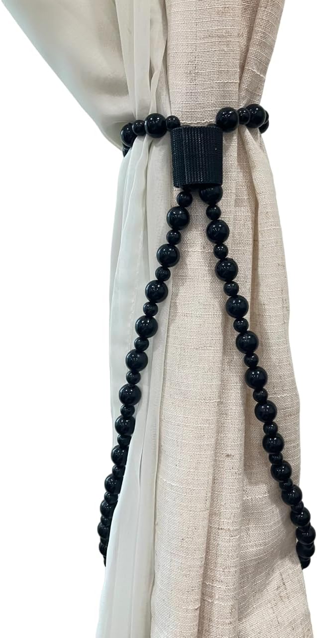 Boho Witchy 2pcs Beaded Curtain Tiebacks - Evil Eye Turkish Decor for Living Room - Black