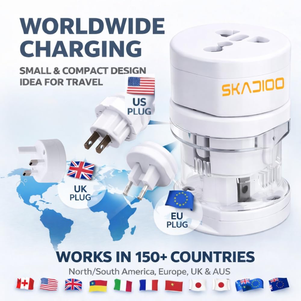 SKADIOO Universal Charger Adapter | 2 Years Warranty, 240V | Universal Travel Adapter All in One, International Travel Adapter for 150+ Countries, Ideal for Worldwide Travel (White, Set of 1) — Amazon image 4