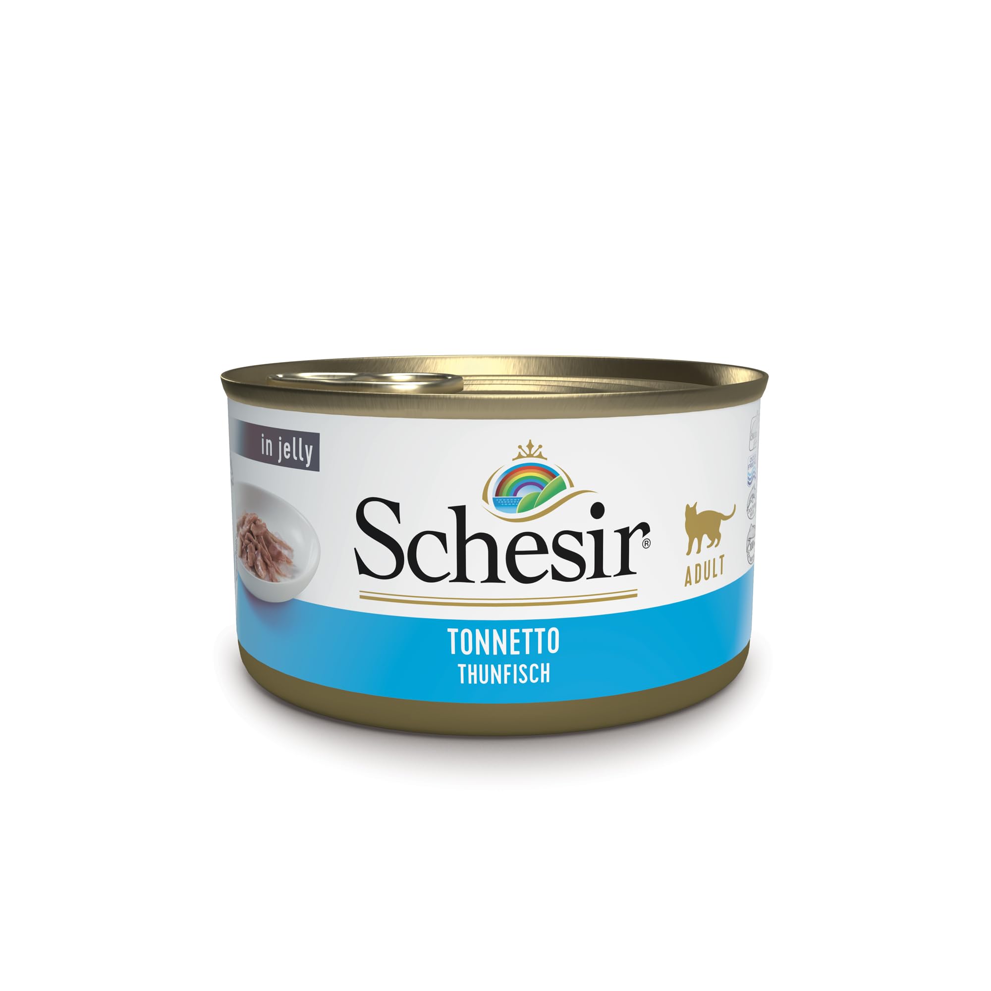Schesir , Nassfutter für ausgewachsene Katzen mit Thunfischgeschmack, Filets und Weichgelee — Insgesamt 2 kg (24 Einzeldosisdosen mit 85 g) (Verpackung kann variieren)