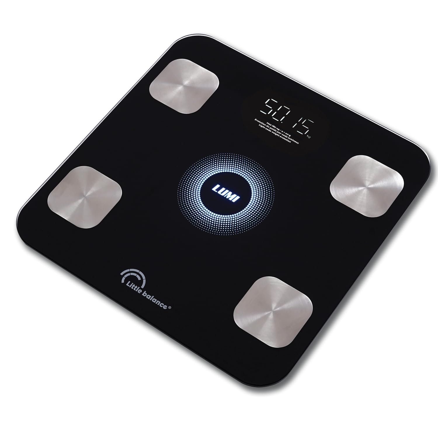LITTLE BALANCE 8861 i-Lumi, Pèse-personne connecté, Balance Impédancemètre connectée, 14 données corporelles, 180 kg, Verre trempé, Noir