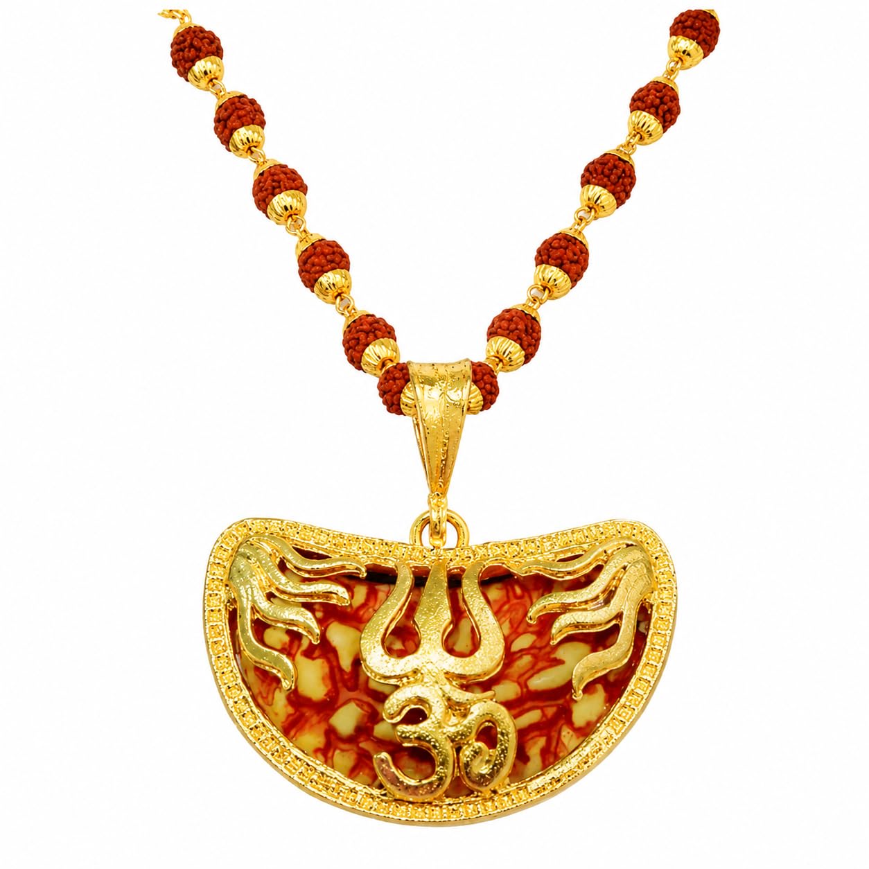 Religious One Mukhi/Half Moon Rudraksha Bead in Gold Plated Trishul Cap with Gold Plated Cap Panchmukhi Rudraksha Mala 00 00 00 00 for Men and Women-image-5