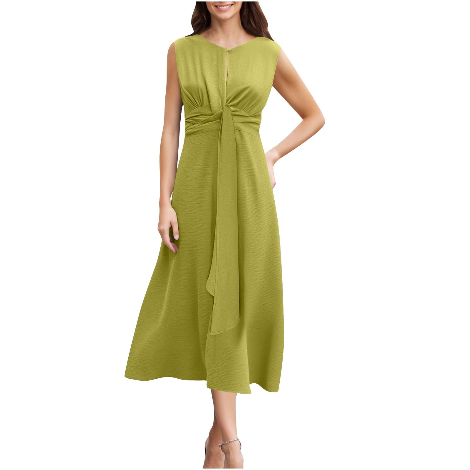 Women Summer Tie Front Casual Work Dress 2025 Sleeveless Dressy Party Cocktail A-Line Flowy Midi Dresses with Pocket(Mint Green,Large)