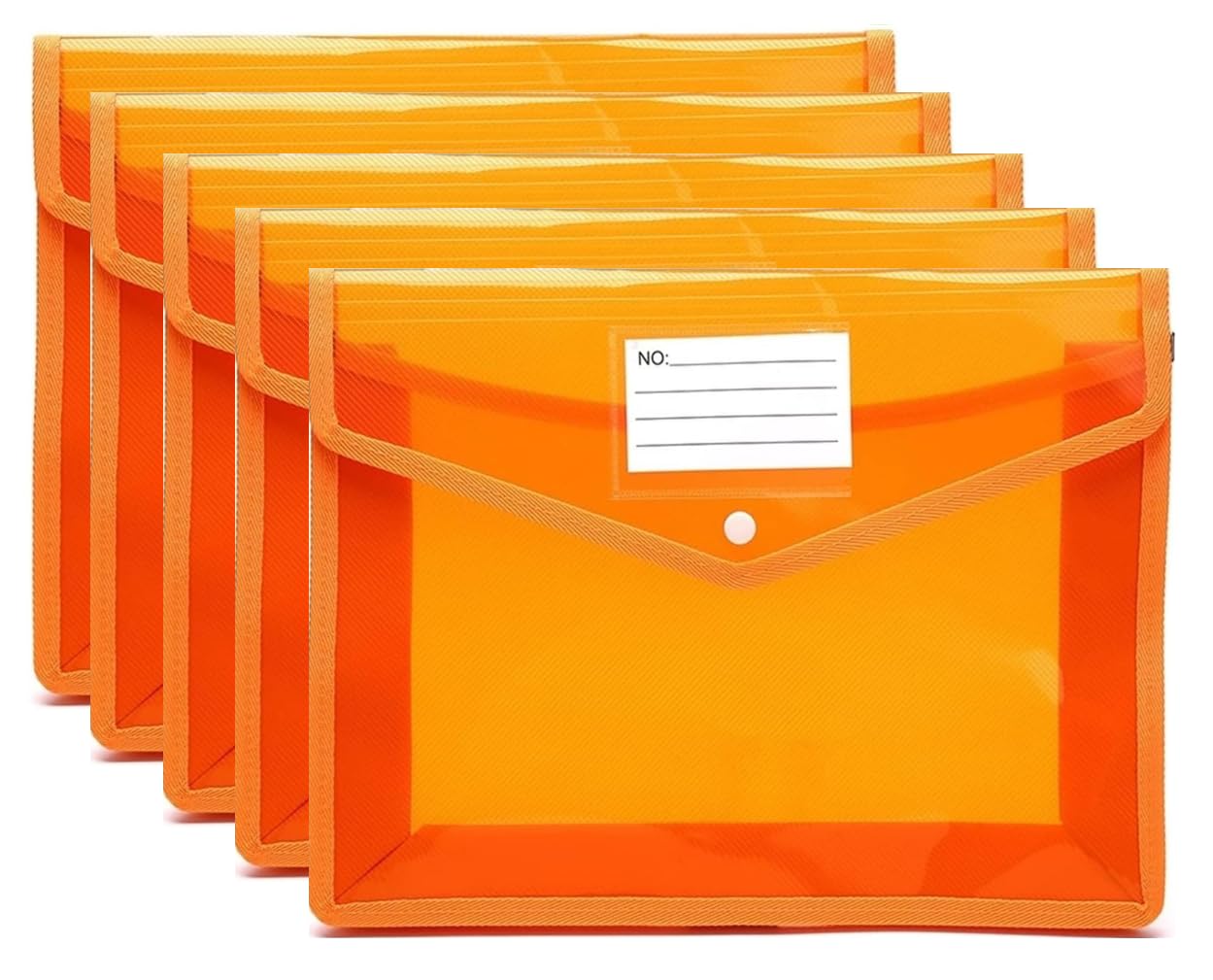 EliteKoopers 5pcs Plastic File Folder Popper Wallet Document Bag Envelope for School, College, Office, Home Large Capacity Suitable for A4 Size (Orange)