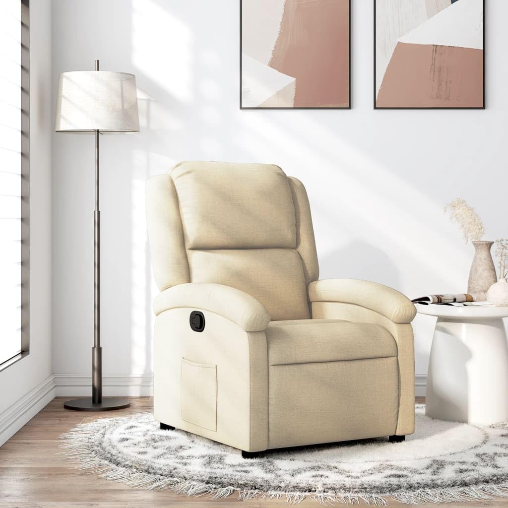 Fotel relaksacyjny w kolorze kremowym, z ręczną funkcją leżenia, ergonomiczny fotel tapicerowany z podłokietnikami i oparciem, stabilna rama drewniana, metalowa, do salonu, kącika do czytania
