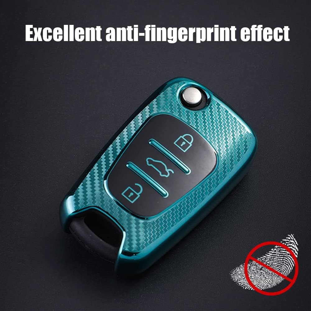 HIBEYO TPU Carbon Fiber Texture Car Key Fob Cover with Keychain fits for Hyundai Ix35 Elantra Accent Sportage Rio Soul Sorento Jacket Smart Remote Car Key Holder 3 Button Blue