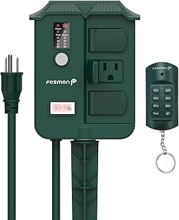 Fosmon Outdoor Power Stake Timer with Photocell, Power Strip Timer with Wireless Remote Control, 6 Waterproof Grounded Outlets, 6ft Extension Cord for Electrical Outlets, Lights, Garden, UL Listed