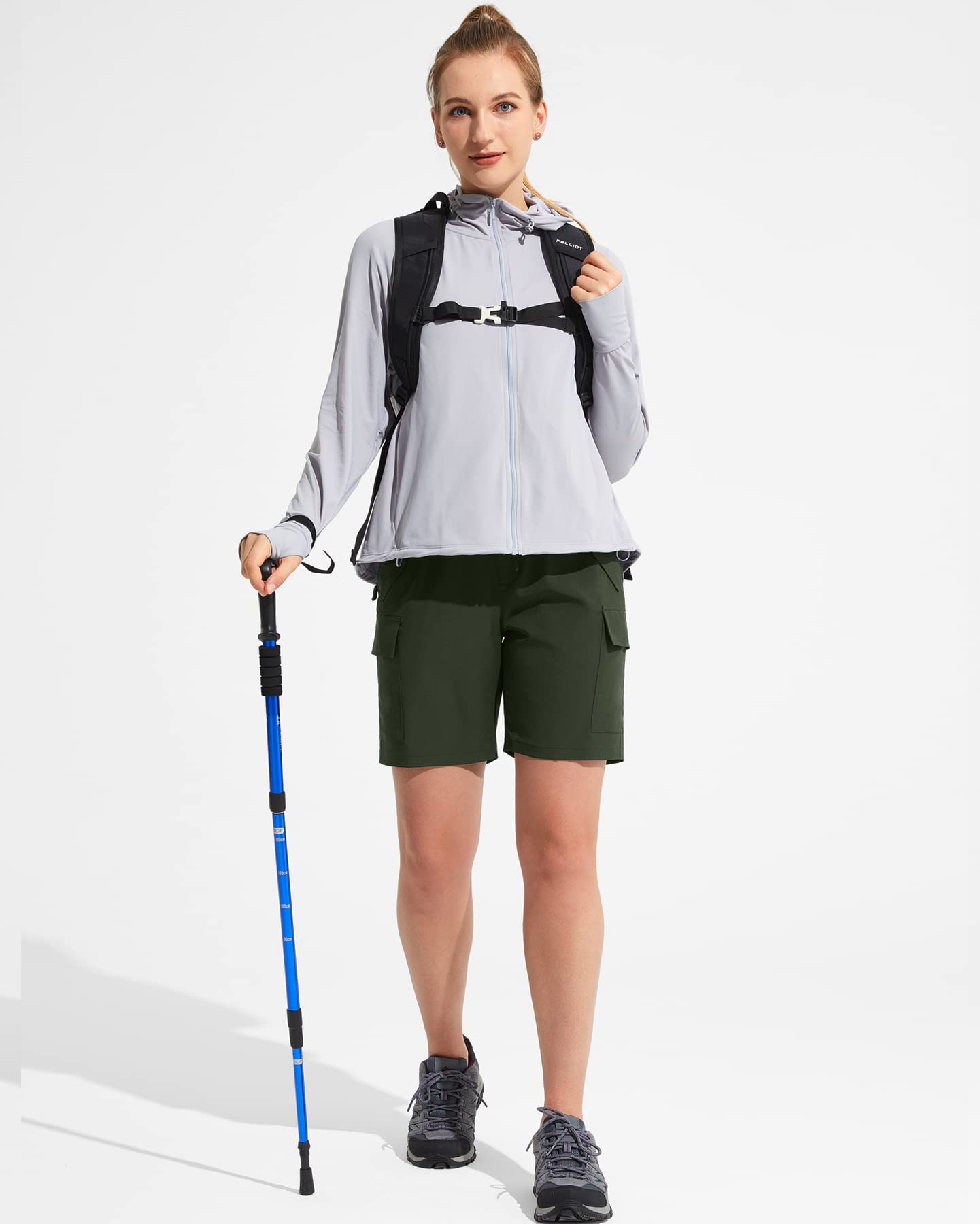 MOCOLY Damskie szorty cargo do wędrówek, szybkoschnące, krótkie, lekkie, letnie, z kieszeniami na zamek błyskawiczny, na trekking, podróże, golfa, kemping, sport