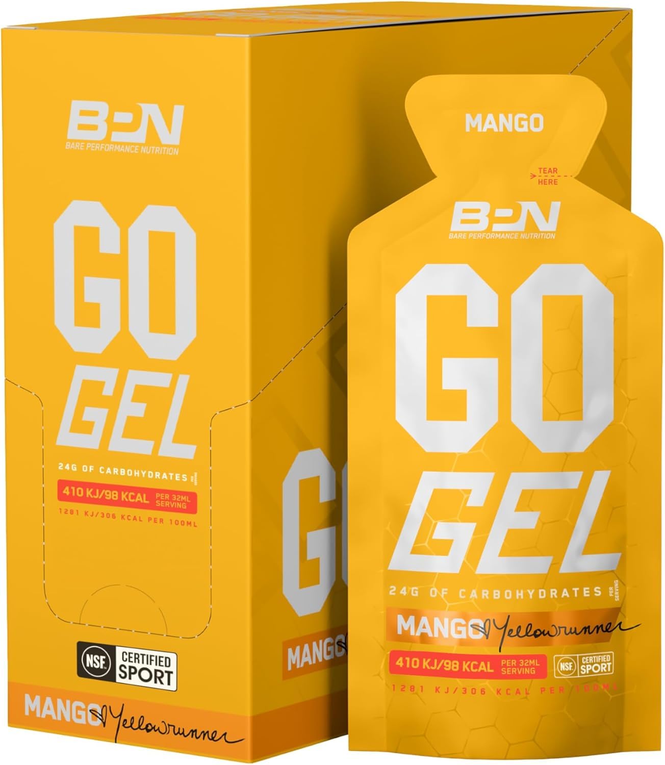 Bare Performance Nutrition, BPN Go Gel Endurance, Vegan + Gluten Free Running Gel with 24g of Carbohydrates & 100 Calories per Pack, 10 Single-Serving Packs, Mango