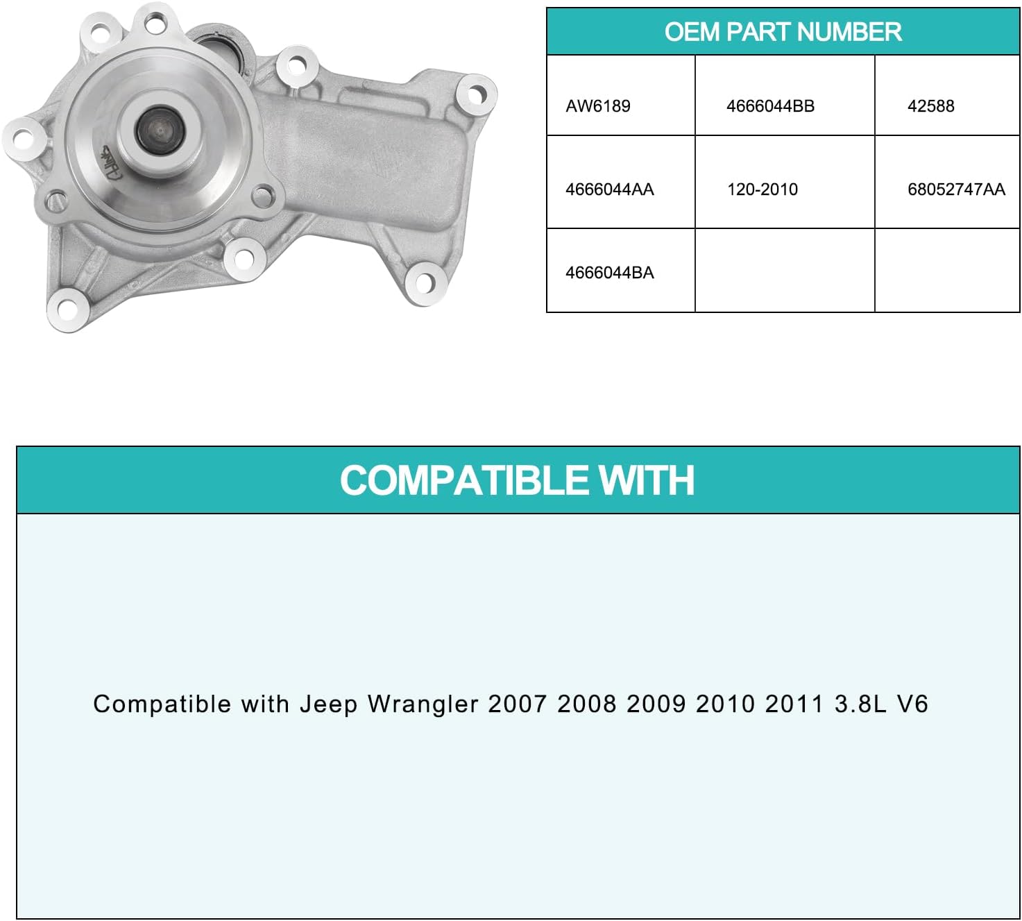 AULINK AW6189 Water Pump 3.8L V6 For Jeep Wrangler 2007 2008 2009 2010 2011 4666044AA 120-2010 42588 68052747AA