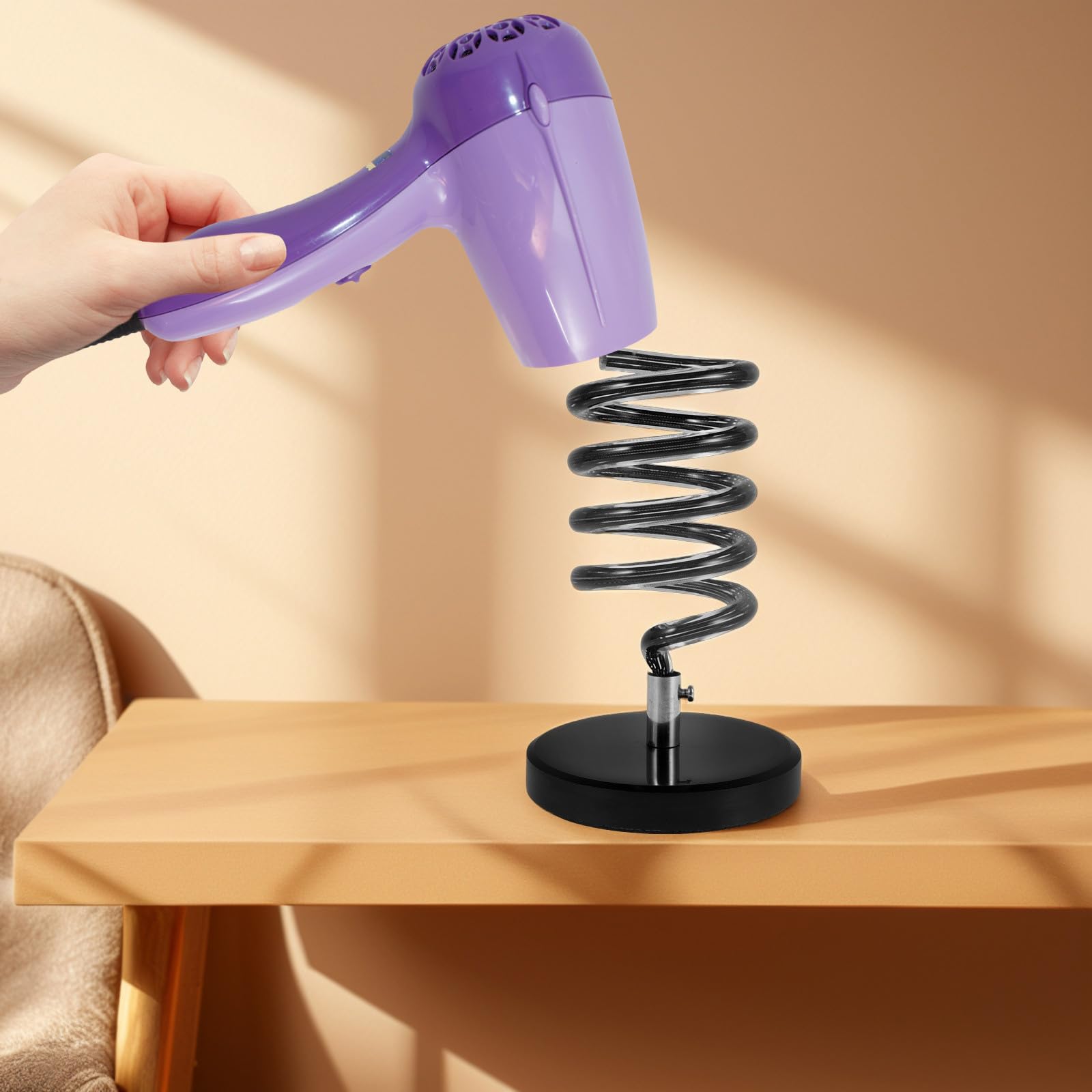 Vaguelly Soporte para Secador de Pelo en Espiral con Diseño Multifuncional y Base de Mármol Negro para Uso en Baño o Salón sin Necesidad de Taladro