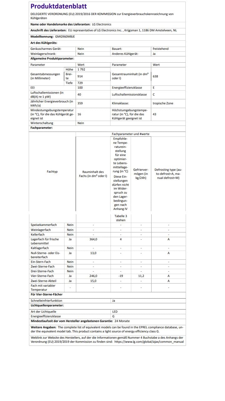 LG GMG960MBJE - Frigorifero americano, 638 Litri, No Frost, Argento, Classe energetica E