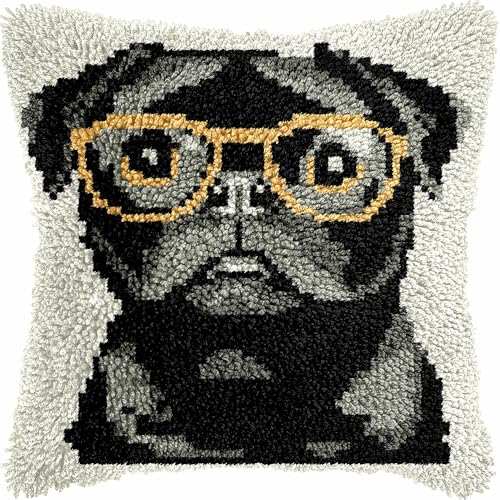 Latch Hook Cushion Kits for Adults Pugs Dog Glasses Black Puppy Cute Rug Cover Pillowcase Kids Beginner DIY Needlework Embroidery Kits Handmade Set Craft Sofa Home Decor 43x43cm,1pcs