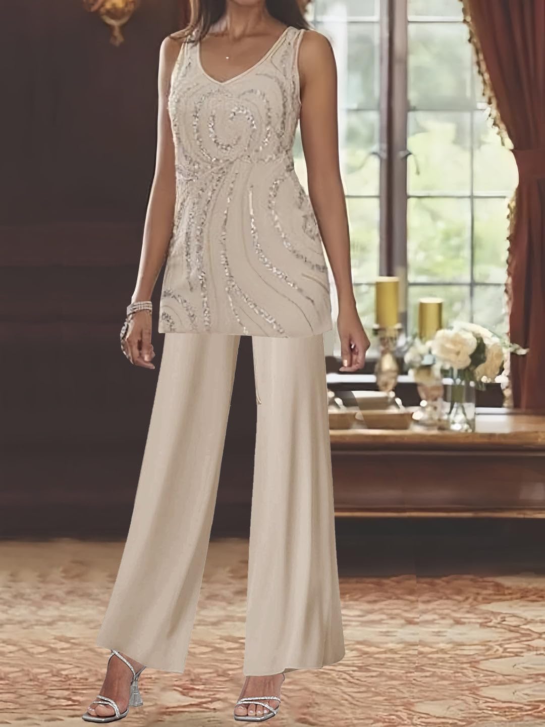 Chiffon Mother of The Bride Pant Suits for Women 3 Piece Sequin Formal Wedding Guest Outfit with Jacket