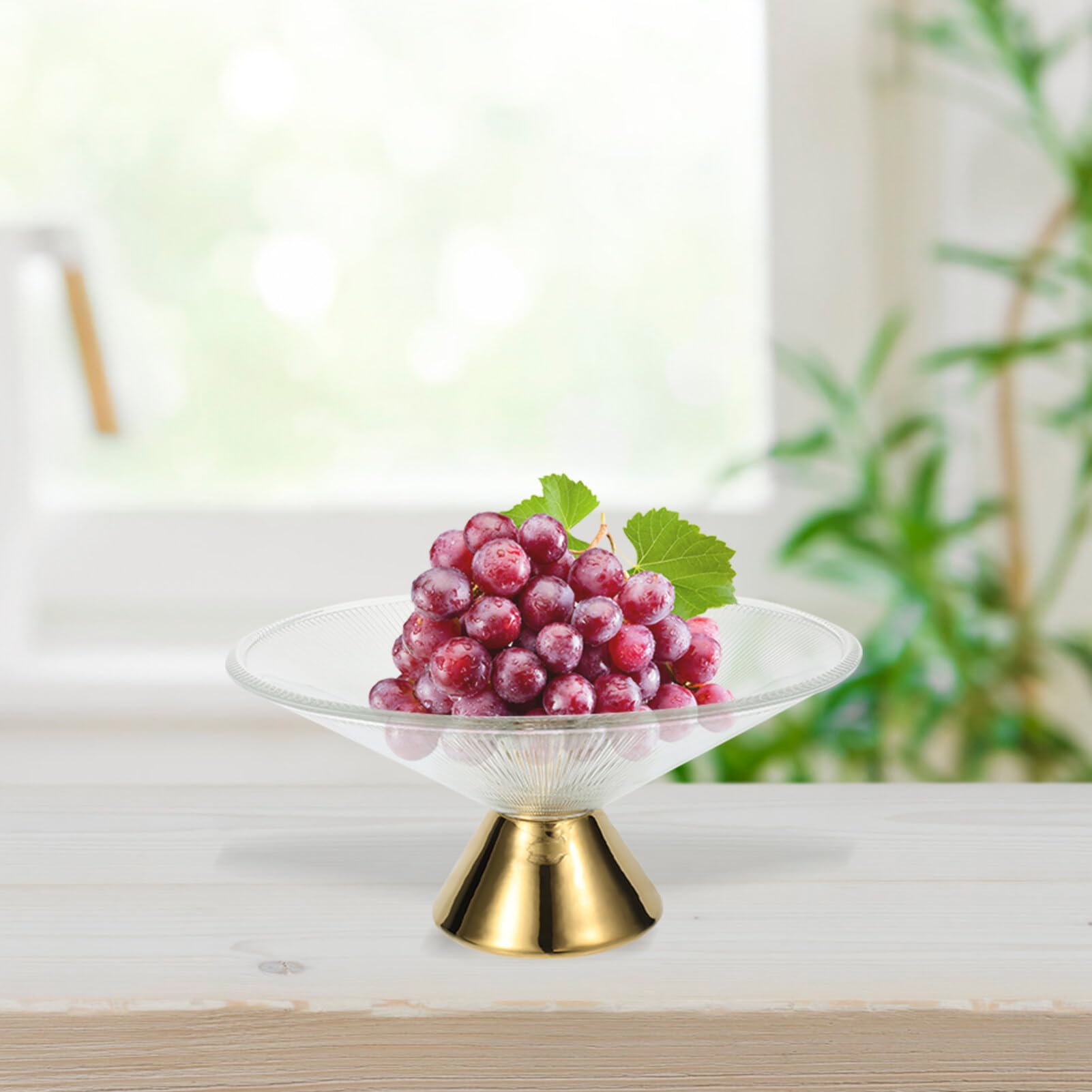 Luxshiny Glass Footed Fruit Bowl, Pedestal Fruit Bowl Dried Fruit Tray Cake Storage Dish Dessert Plate Stripe Fruit Baskets for Kitchen Countertop Organizer Golden