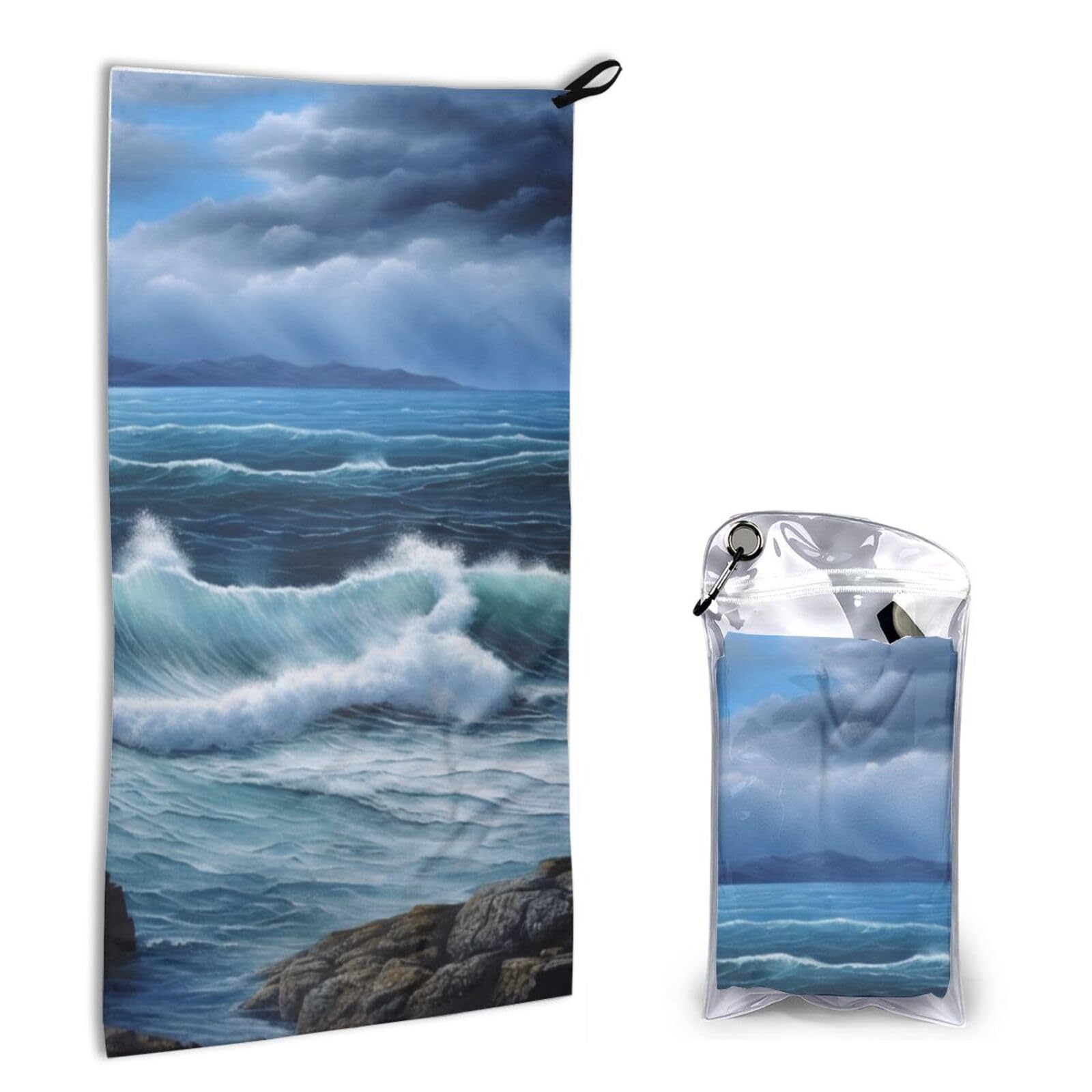BWWHCCTI Quick Dry Hand Towel With Bag - Blue Sea Landscape Printed Super Absorbent Face Cloth Microfiber Travel Sports Towels 40x80cm