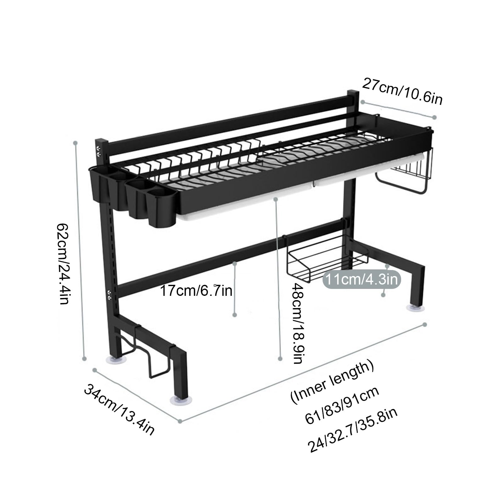 Égouttoir à vaisselle réglable au-dessus de l'évier pour la maison, les dortoirs, les camping-cars, noir, 240,9 cm