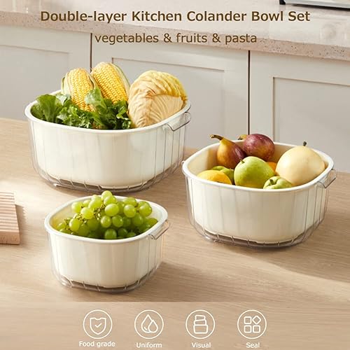 Miniatura 4 de Juego de 3 coladores de cocina, coladores de cocina, 2 en 1, lavabo de drenaje desmontable de doble capa y cesta, coladores de alimentos con asas