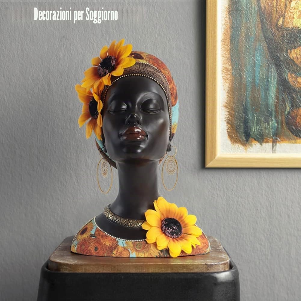 Statua busto di donna africana in resina, decorazione domestica moderna Busto di ragazza girasole africano, adatto per ingresso, ingresso, ufficio, soggiorno, decorazione della camera da letto