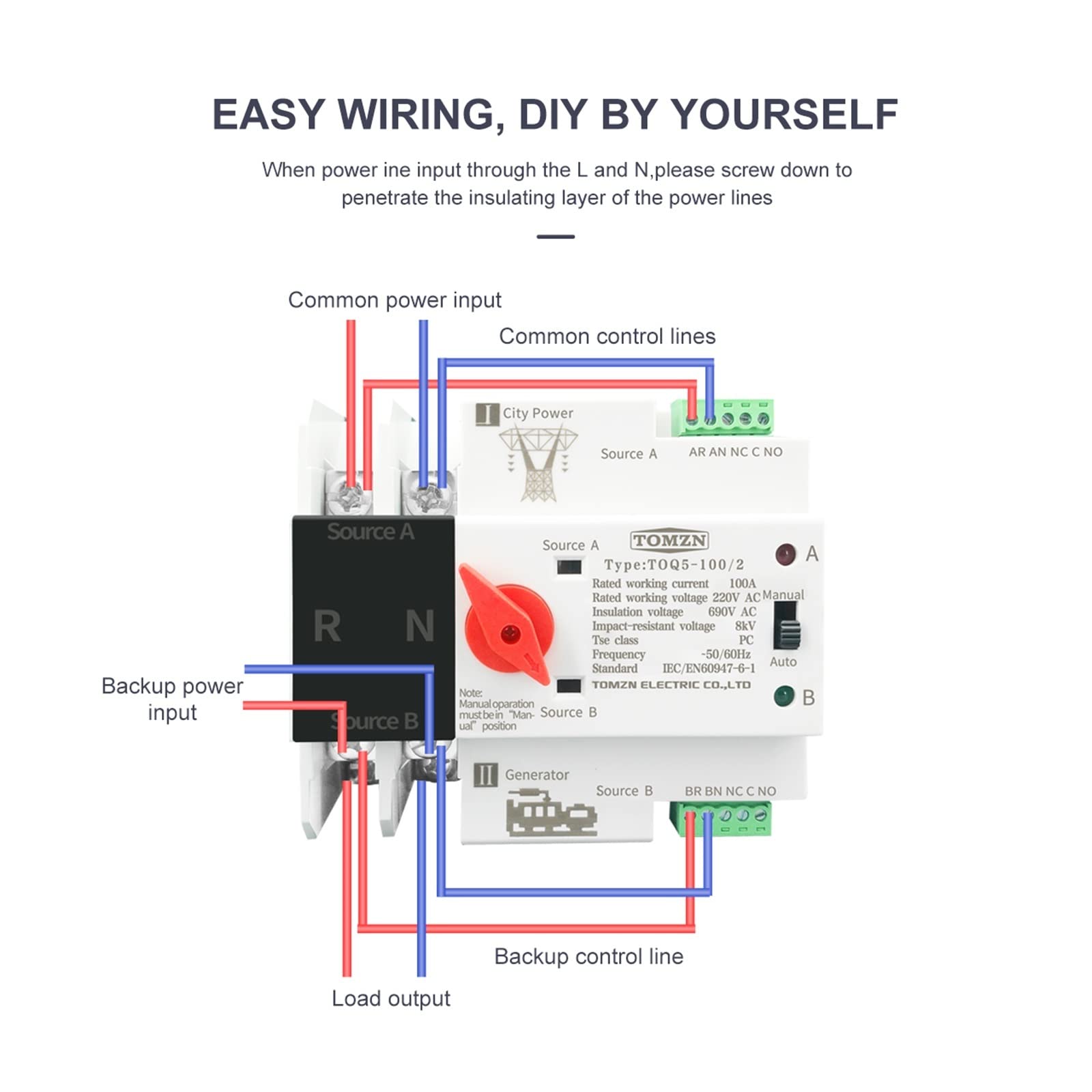 Interruptor selector eléctrico de transferencia automática de doble alimentación, monofásico, carril DIN, ATS 110 V 220 V, sin interrupción, 2P, 63 A, 100 A, 125 A (100,110 V)